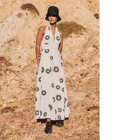 ME+EM Cheesecloth Modern Daisy Print Halter Maxi Dress size US 6 - Picture 2 of 8